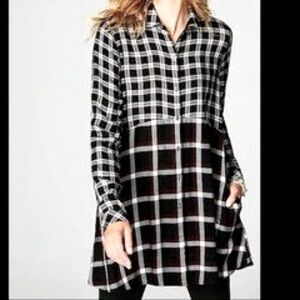 J. JILL Mixed Plaid Button Front Tunic Top - Black Mixed Plaid